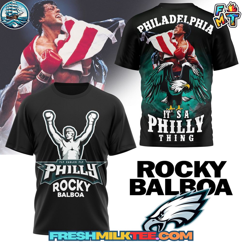 Philadelphia Eagles NFL x Rocky Balboa Tshiret Philadelphia Eagles NFL x Rocky Balboa T-shirt featuring Rocky’s boxing pose and Eagles logo, Philly sports crossover apparel with Fly Eagles Fly design, symbolizing Philadelphia pride and sports culture.