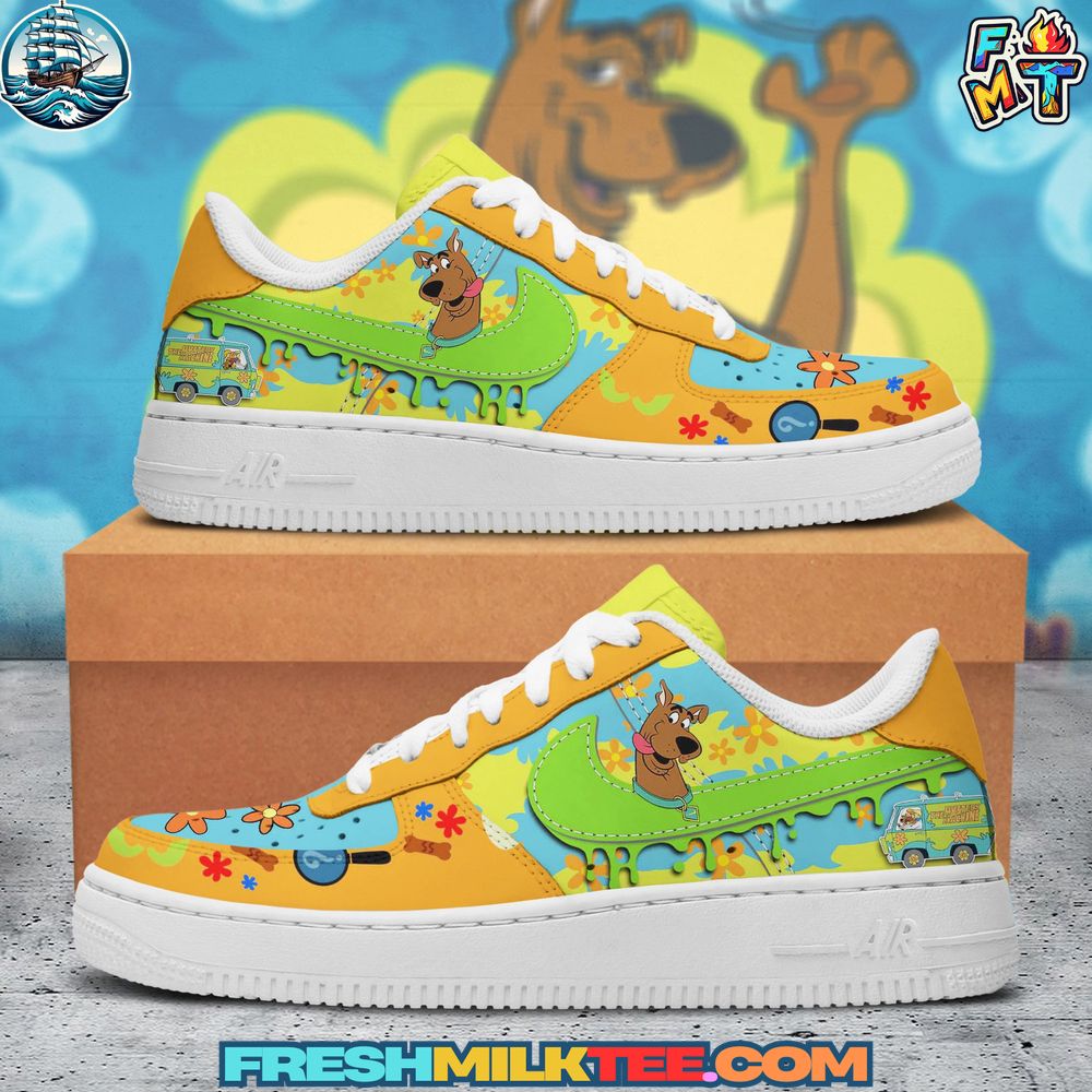 ScoobyDoo Air Force 1 Sneaker Scooby-Doo Air Force 1 sneaker featuring colorful custom design with Scooby-Doo character, Mystery Machine van, cartoon details, and unique hand-painted style.