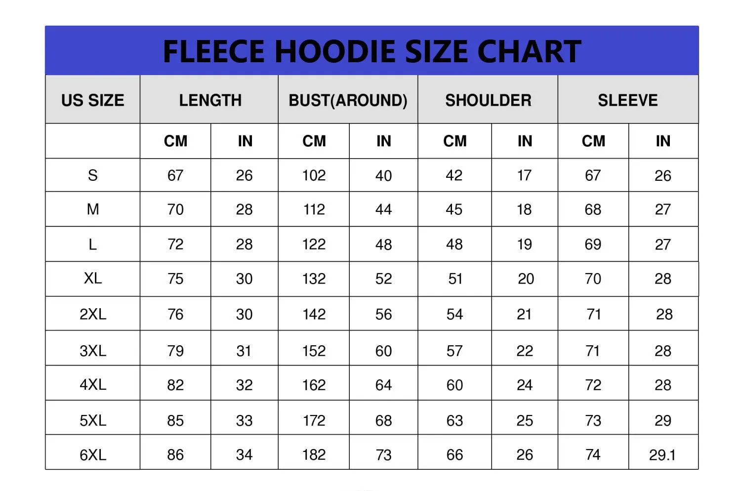 Fleece Hoodie Size