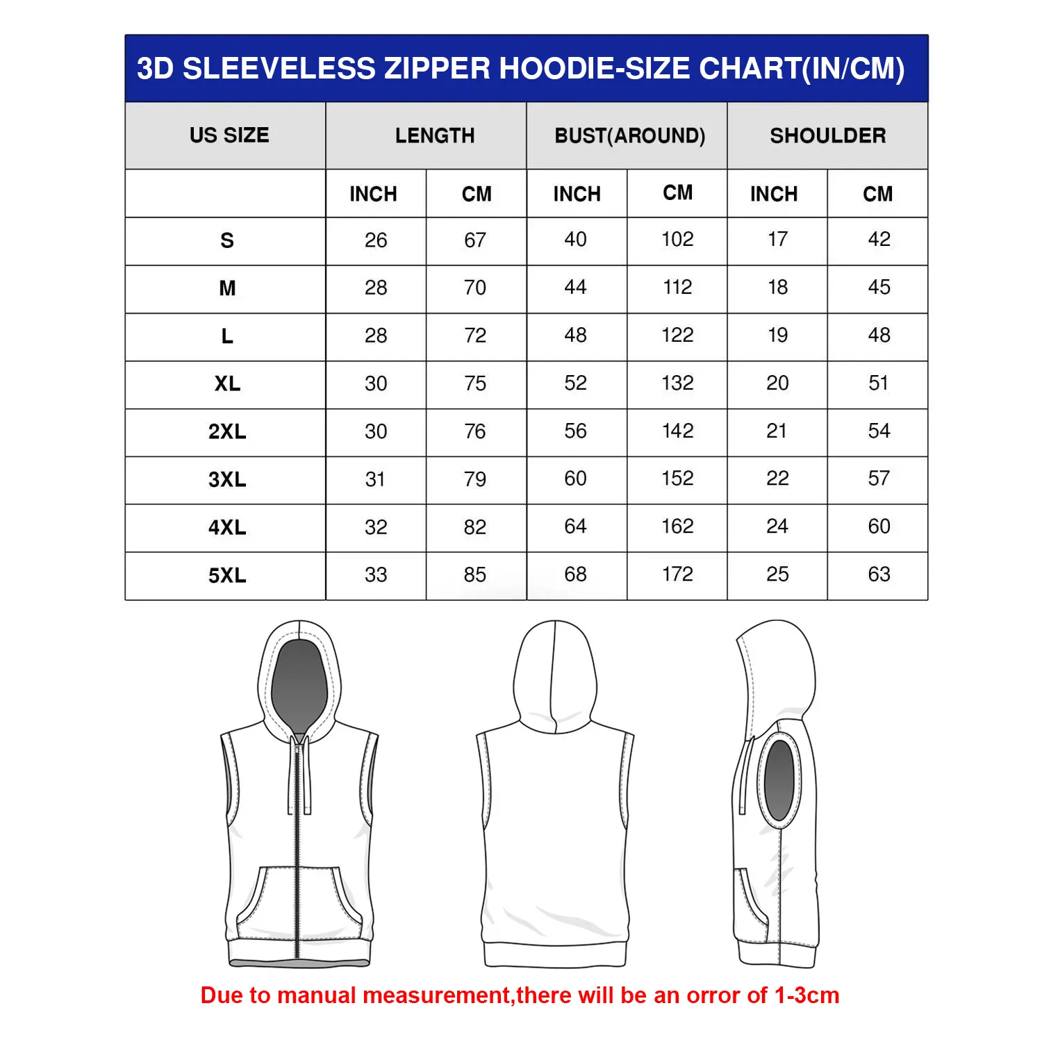 Sleeveless Zipper Hoodie Size