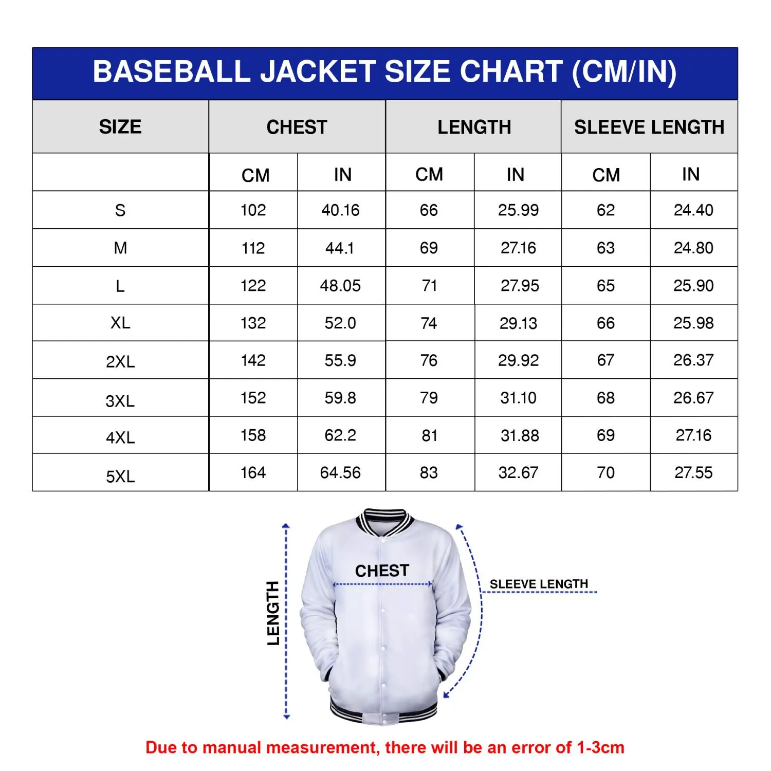 Button Baseball Jacket Size Chart