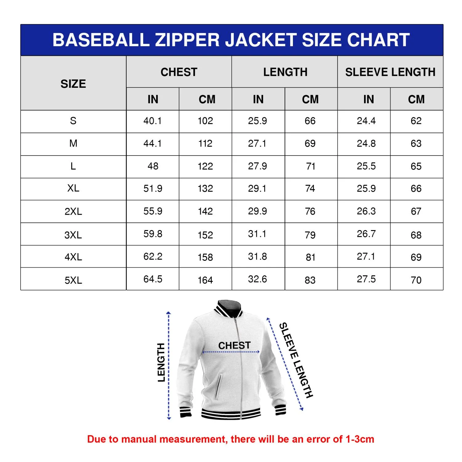 Zipper Baseball Jacket Size Chart