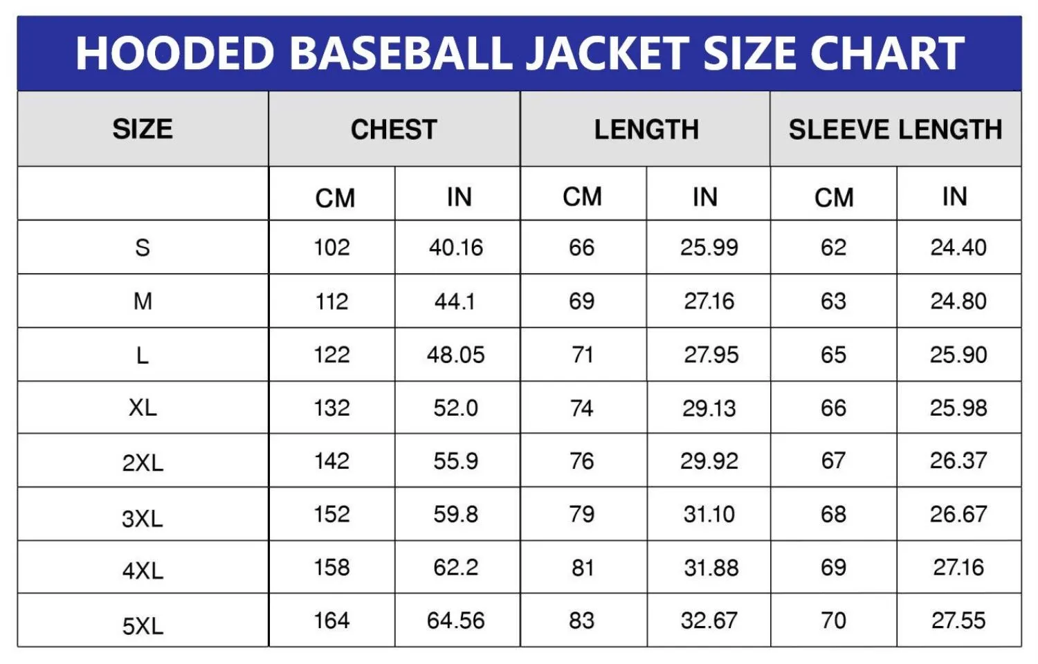 Hooded Baseball Jacket Size Chart