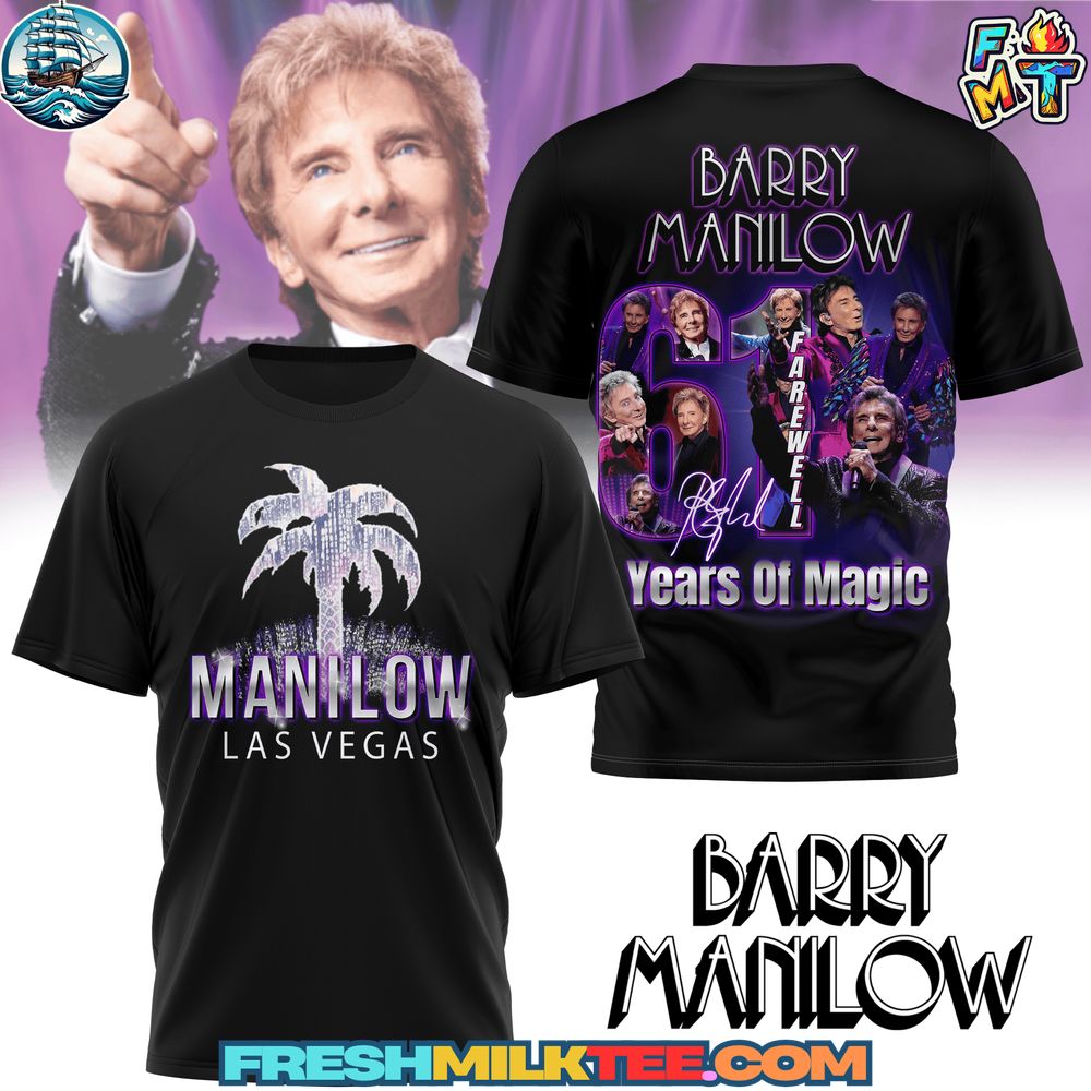 Barry Manilow Tshirt Barry Manilow T-Shirt – Official Las Vegas Farewell Tour Shirt with palm tree front design and 60 Years of Magic photo collage on back