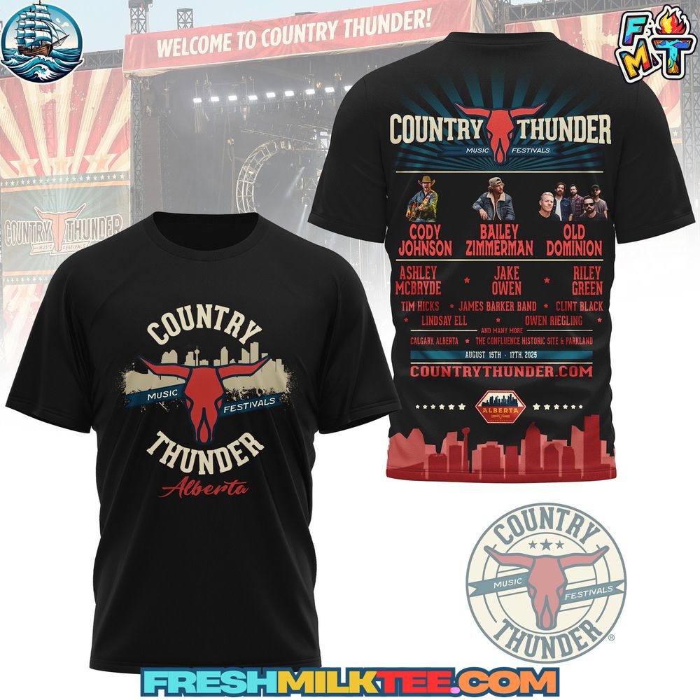 Country Thunder Music Festivals Tshirt Country Thunder Music Festivals T-Shirt – Official Alberta 2025 Tour Shirt with longhorn skull front design and artist lineup back print